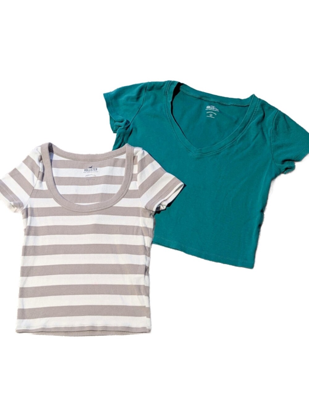 Hollister Baby Tees Bundle Of Two Size S Small Emerald Green Khaki Stripe Ribbed